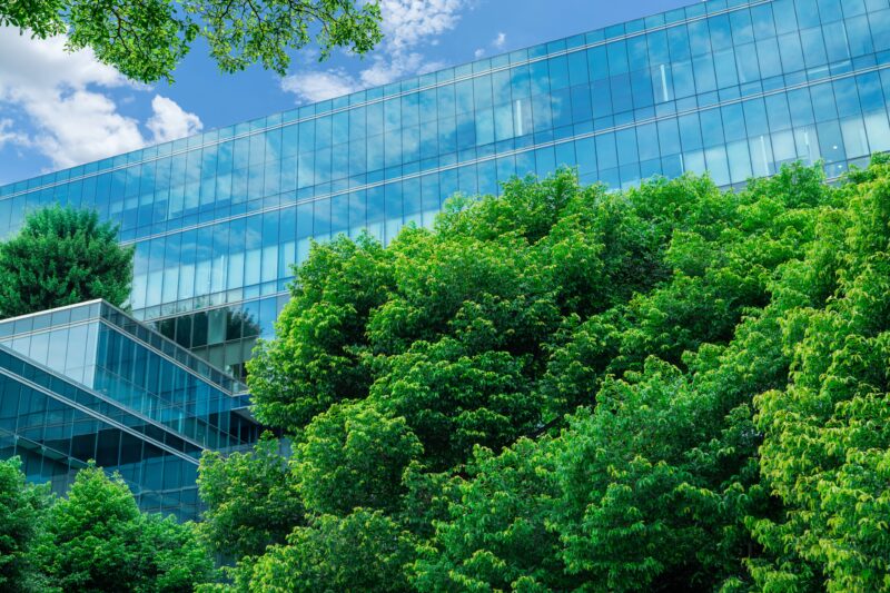 Eco-friendly,Building,In,Modern,City.,Sustainable,Glass,Office,Building,With